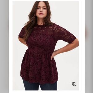 Torrid Plus Size 3x Wine Lace Peplum Mock Neck